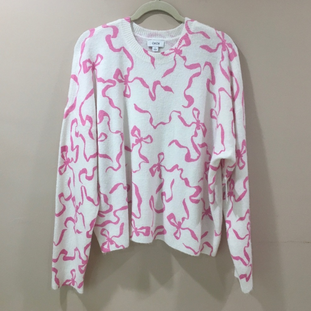 NWT CeCe Women's L Ribbons & Bows Crewneck Pullover Sweater Knit Top Pink White